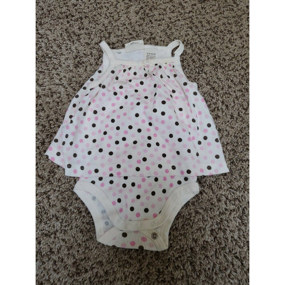 Girl's 0-3 month summer dress romper pink polka dots ribbed